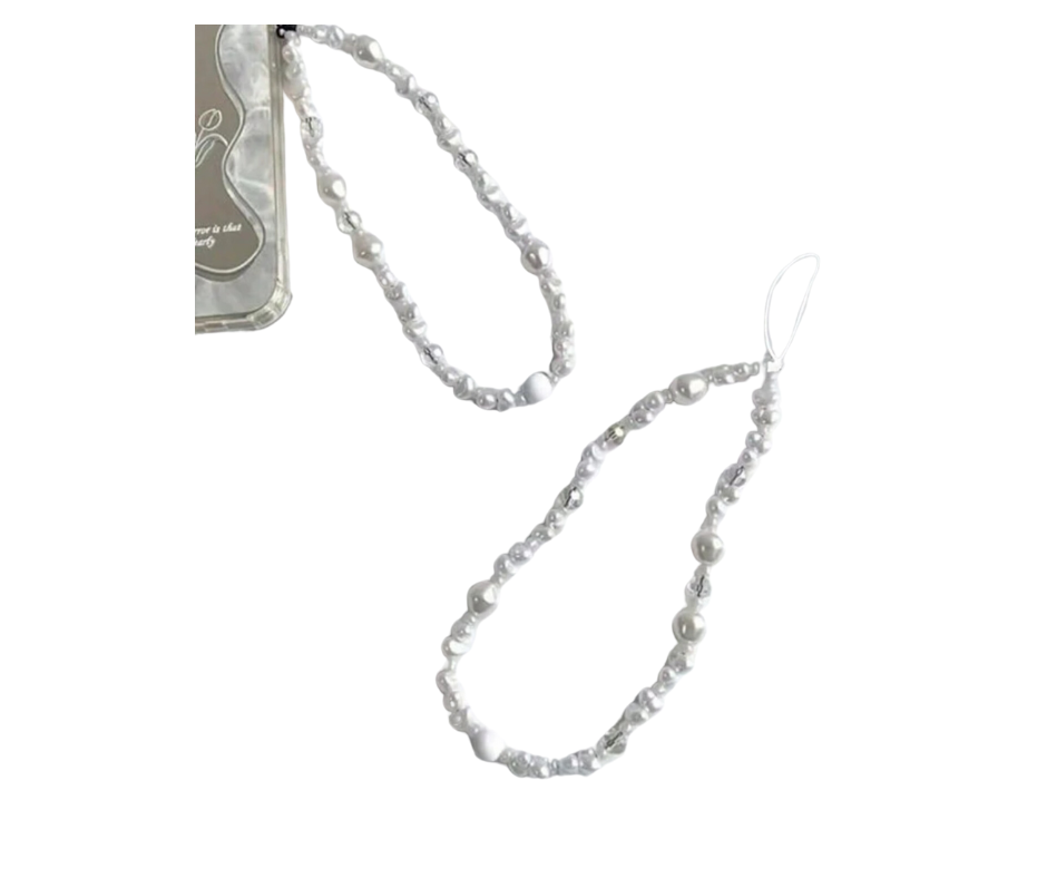 Handmade White Faux Pearl mobile wrist strap